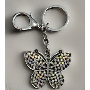 Beautiful Multicolor Rhinestone Silver Tone Butterfly Keychain Bag Charm NWT
